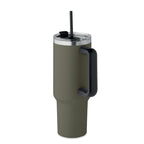 Branded recycled steel tumbler with straw, side view