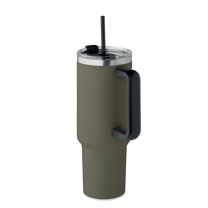 Branded recycled steel tumbler with straw, side view
