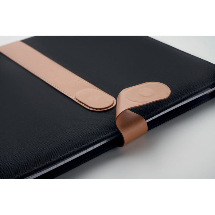 Branded A4 RPET Portfolio with Faux Leather Details in use