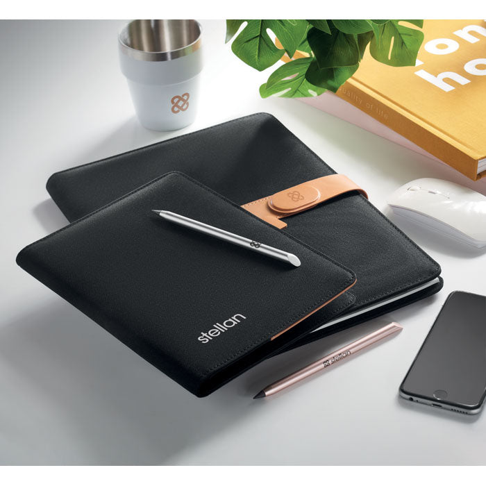 Branded A4 RPET Portfolio with Faux Leather Details in use