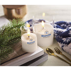 Branded LED Wax Candle in Glass Holder in use