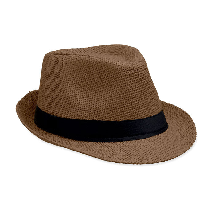 Branded Paper Straw Hat with Black Band in Brown