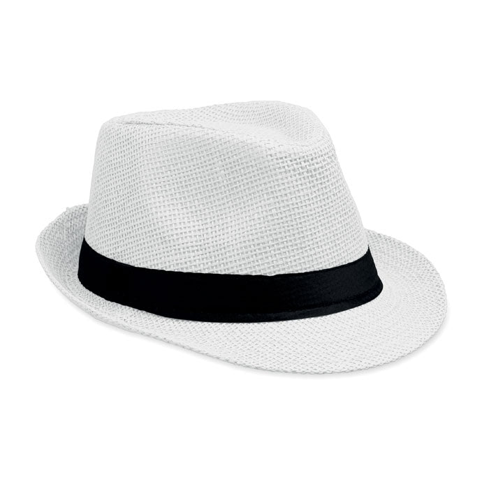 Branded Paper Straw Hat with Black Band in White