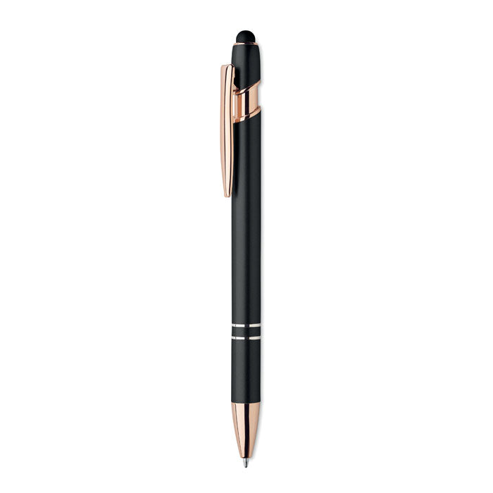 Branded Recycled Aluminium Stylus Pen with Rose Gold Details in Black