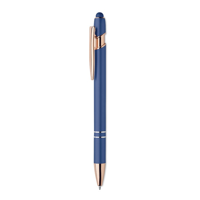 Branded Recycled Aluminium Stylus Pen with Rose Gold Details in Blue