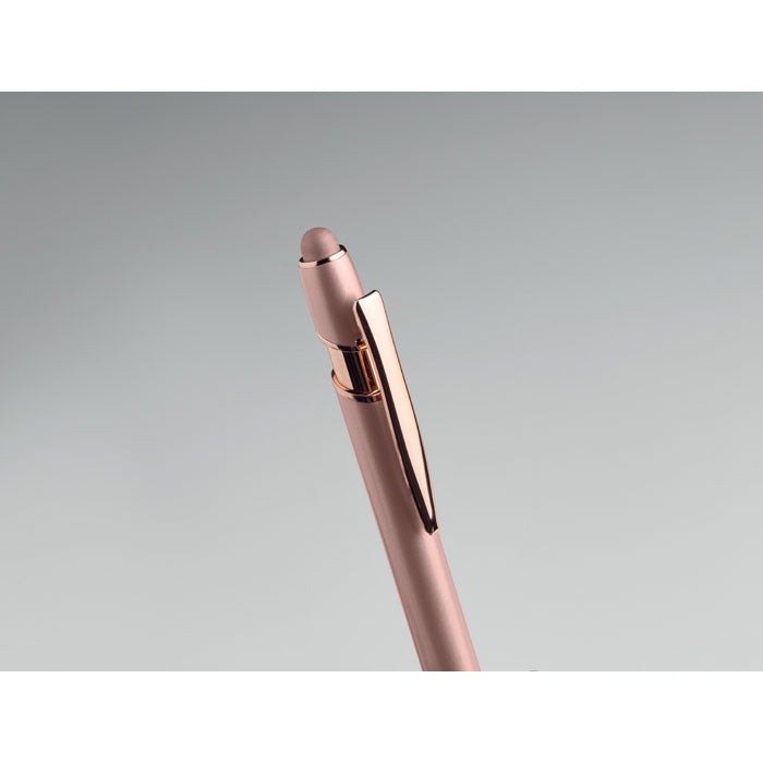 Branded Recycled Aluminium Stylus Pen with Rose Gold Details in use