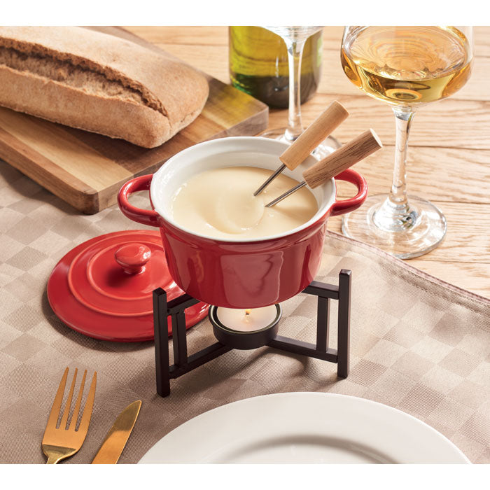 Branded Ceramic Fondue Set for Two 300ml in use