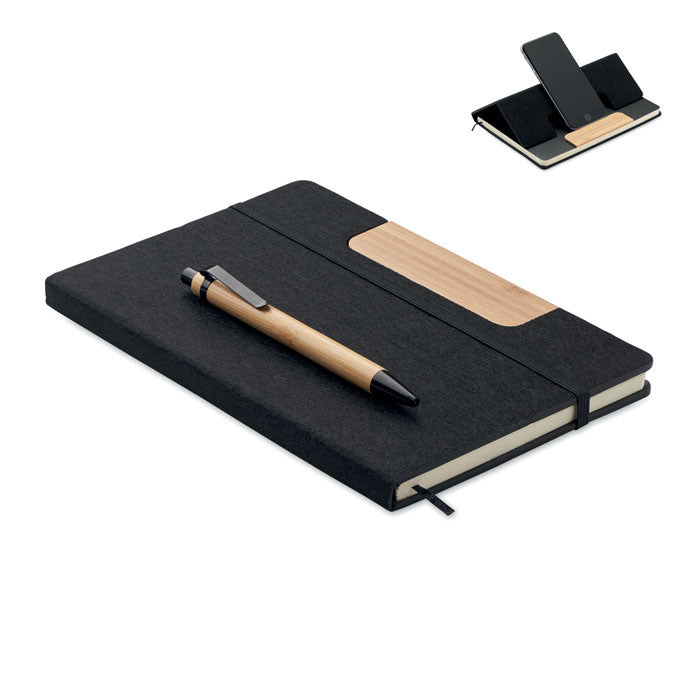 Branded A5 RPET Felt Notebook Set with Phone Stand and Pen in Black