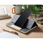 Branded A5 RPET Felt Notebook Set with Phone Stand and Pen in use