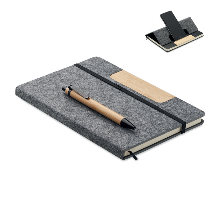 Branded A5 RPET Felt Notebook Set with Phone Stand and Pen