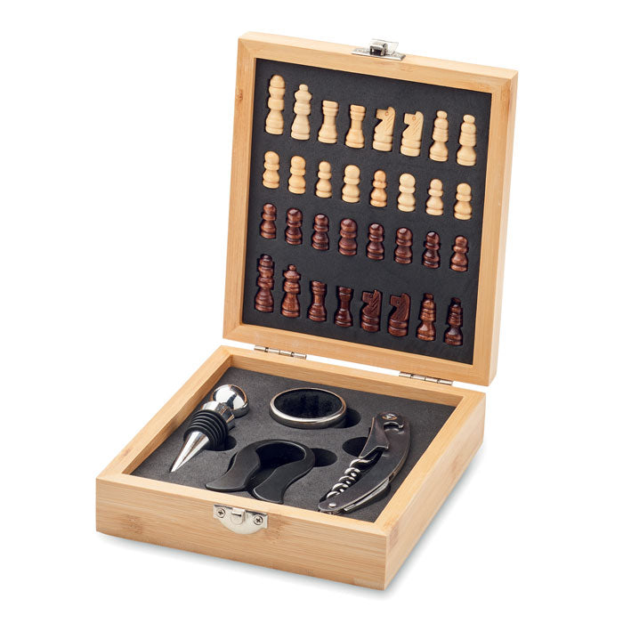 Branded Chess Board Wine Set in Bamboo Box without branding