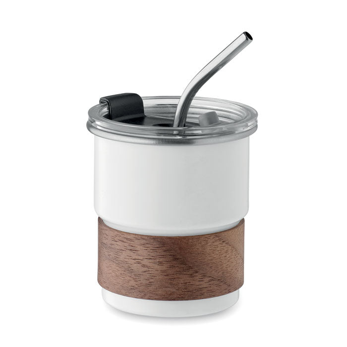 Branded Steel Tumbler with Acacia Wood Grip in White