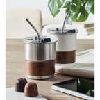 Branded Steel Tumbler with Acacia Wood Grip in use