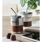Branded steel tumbler with acacia wood grip, printed
