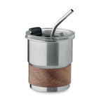 Branded steel tumbler with acacia wood grip
