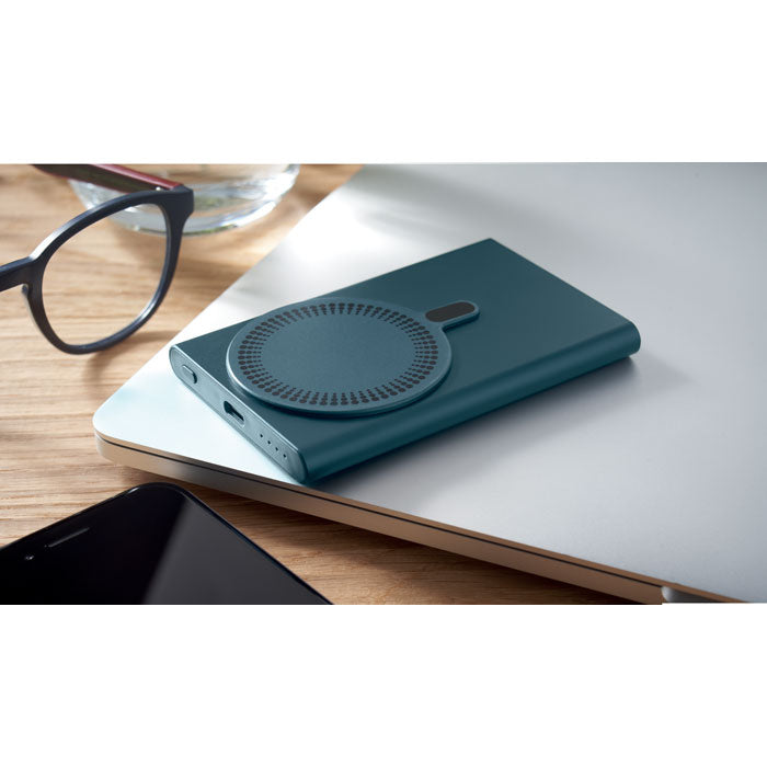Branded Recycled Aluminium Magnetic Wireless Charger & Power Bank in use