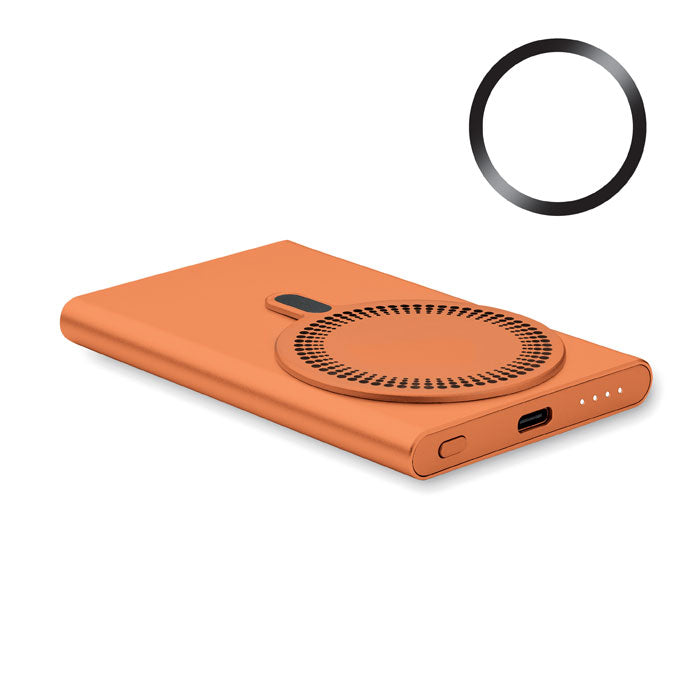 Branded Recycled Aluminium Magnetic Wireless Charger & Power Bank in Orange