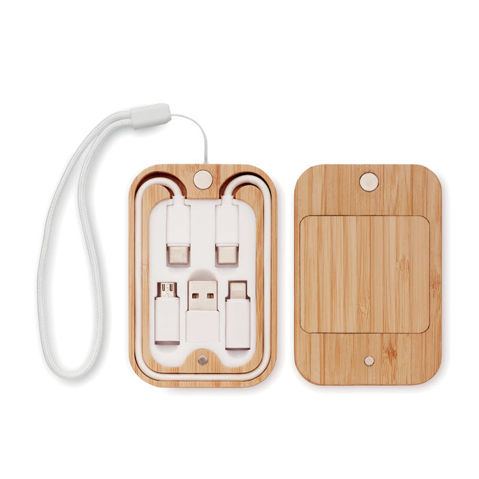 Branded Bamboo Wireless Charger with 3 in 1 Cable without branding