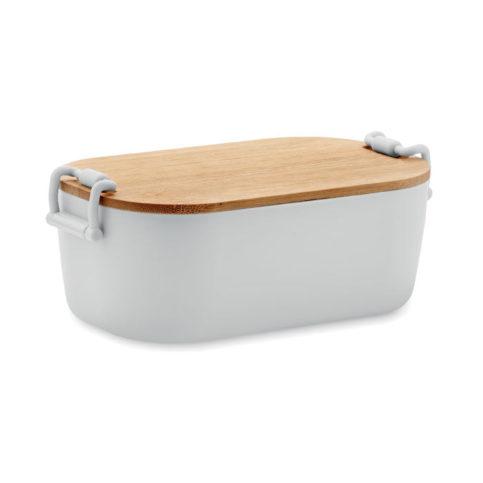 Branded PP Lunch Box with Bamboo Lid 700ml in White