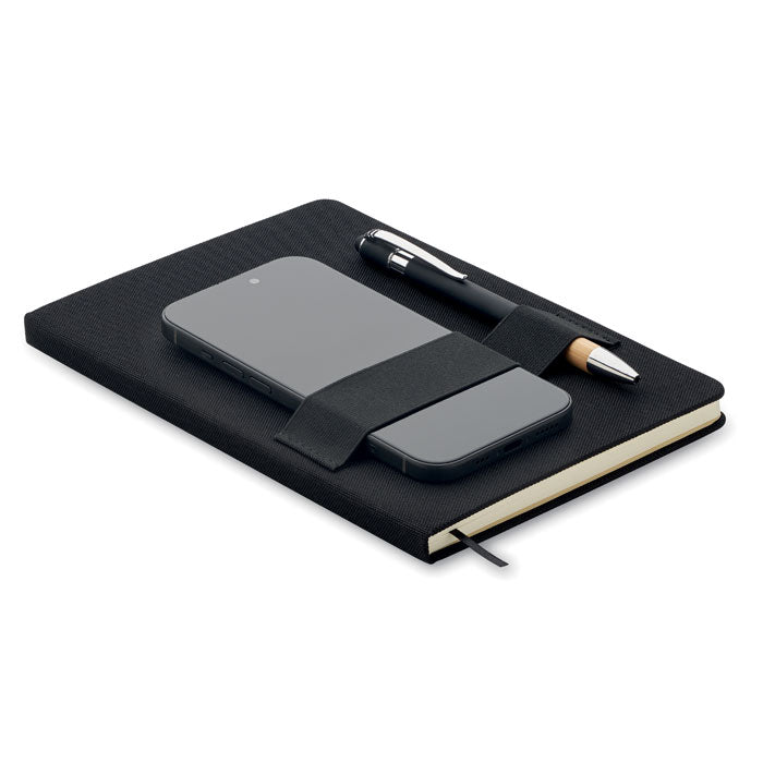 Phone holder hard cover notebook.