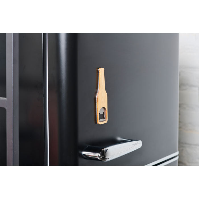 Branded Magnetic Bamboo Bottle Opener in use