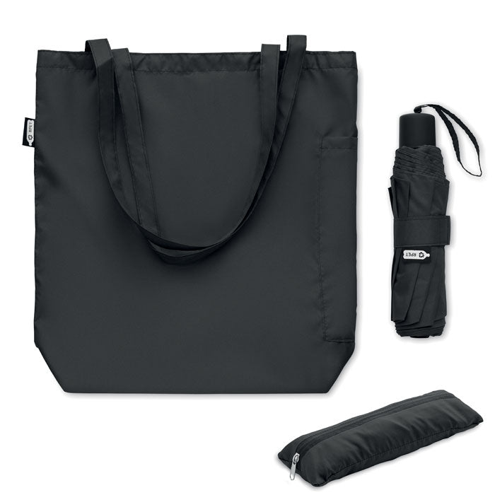 Branded 21 Inch RPET Umbrella and Shopping Bag Set in Black