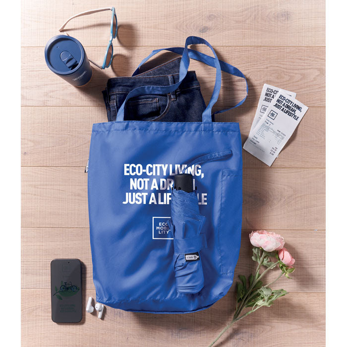Branded 21 Inch RPET Umbrella and Shopping Bag Set in use