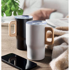 Branded Tumbler with Wooden Handle in use