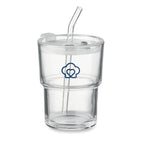 Branded glass tumbler with removable straw, printed