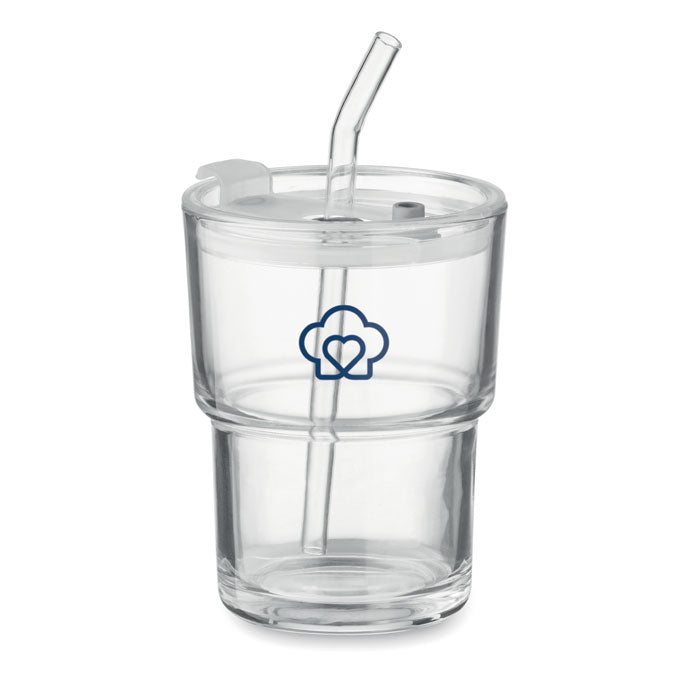 Branded glass tumbler with removable straw, printed