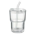 Branded glass tumbler with removable straw