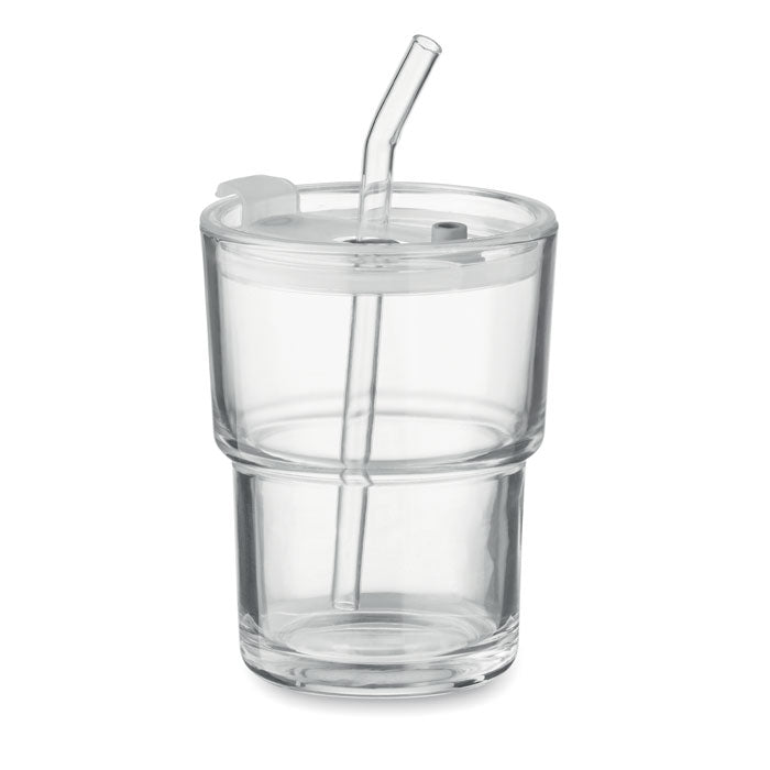 Branded glass tumbler with removable straw