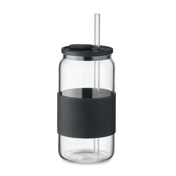 Branded Borosilicate Glass Tumbler with Straw in Black