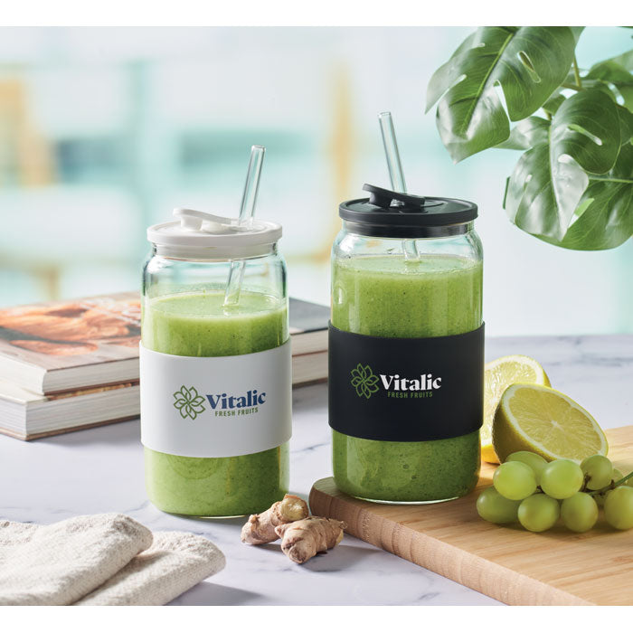 Branded borosilicate glass tumbler with straw, printed