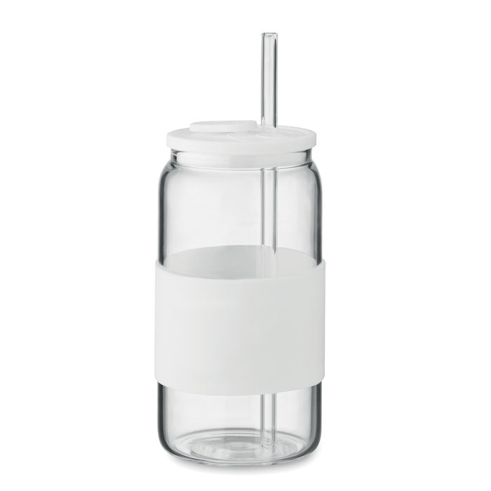 Branded borosilicate glass tumbler with straw