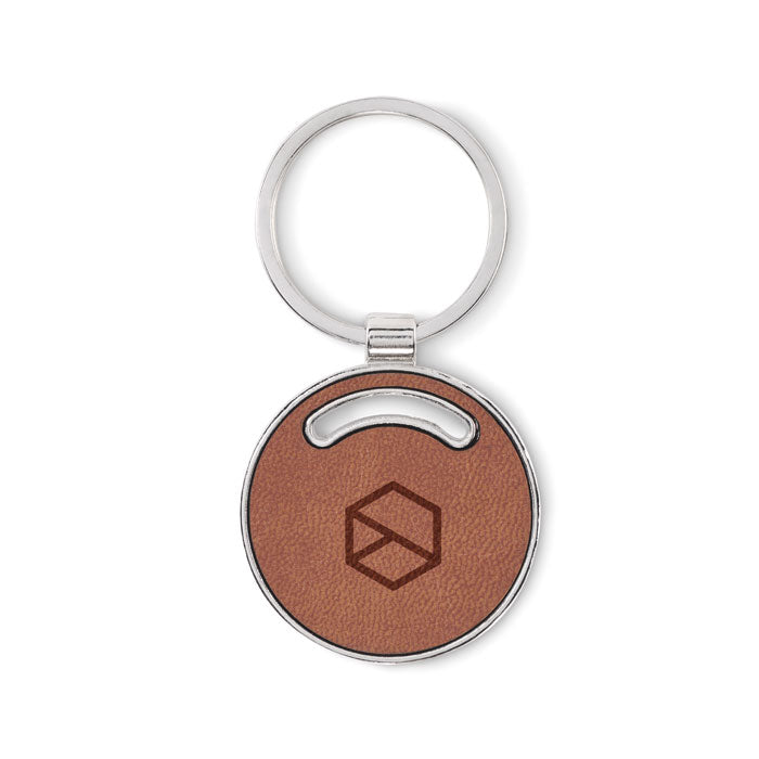 Branded Round Metal Key Ring with PU Inlay in Brown