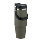 Branded recycled steel tumbler with foldable straw, side view