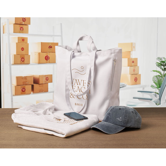 Branded Recycled Cotton Shopping Bag 38 x 12 x 41cm in use