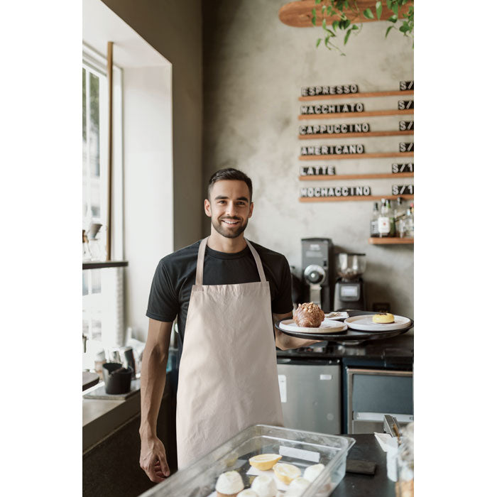 Branded Recycled Cotton Apron in Natural 180gsm in use