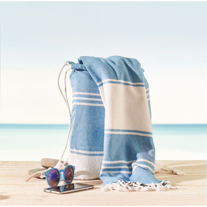 Branded Hammam Towel with Drawstring Bag in use