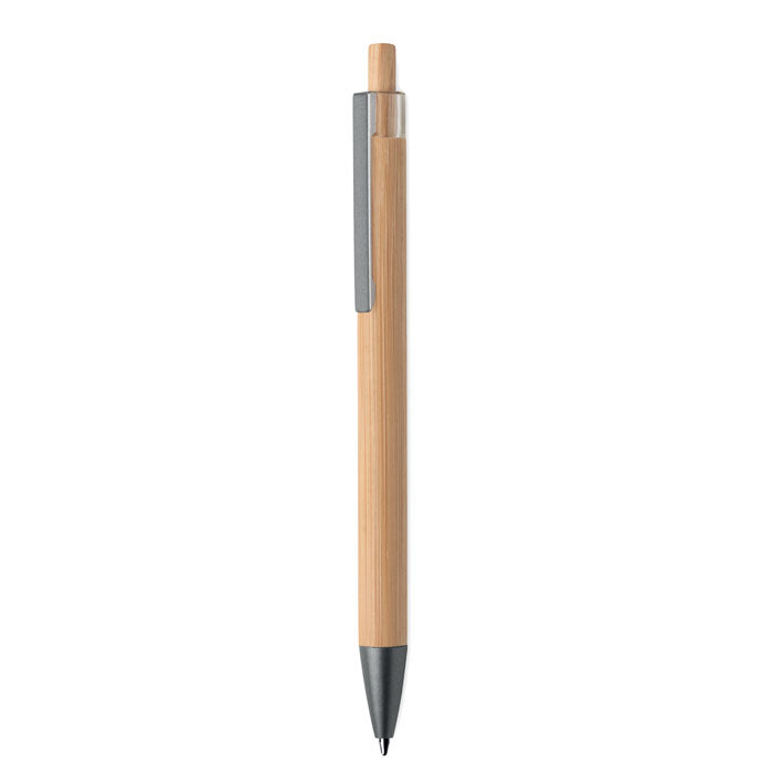 Branded bamboo push button pen with metal clip