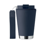 Branded recycled tumbler with wrist strap, side view