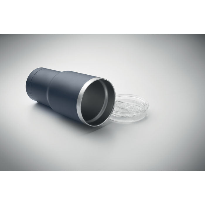 Branded recycled steel tumbler, side view