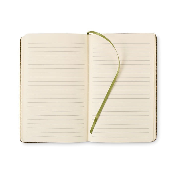 Branded A5 Tea Ground and Cork Notebook in use