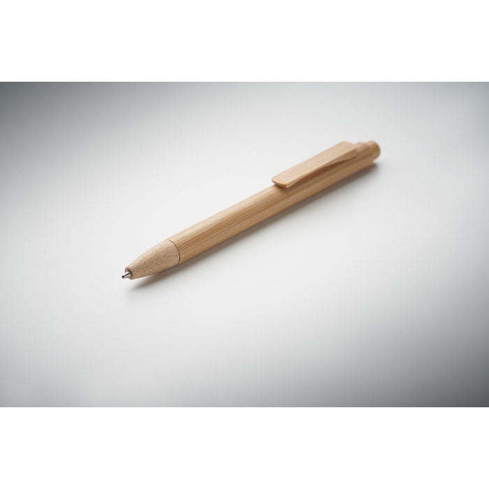 Branded Bamboo Push Button Pen in use