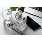 Branded Acrylic Wireless Charger with Phone Stand in use