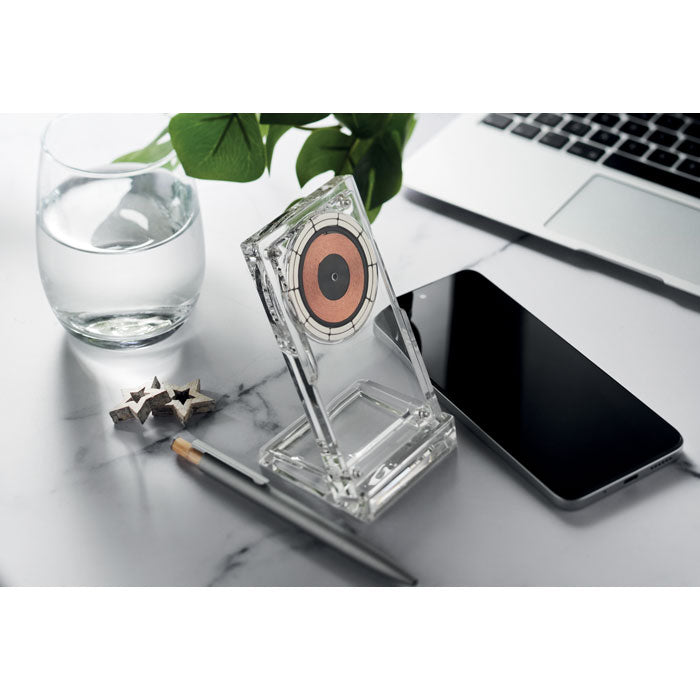 Branded Acrylic Wireless Charger with Phone Stand in use