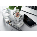 Branded Acrylic Wireless Charger with Phone Stand in use