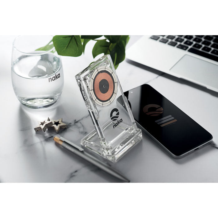 Branded Acrylic Wireless Charger with Phone Stand in use