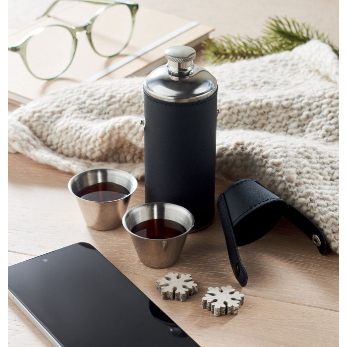 Branded Hip Flask with 2 Shot Cups 230ml in use